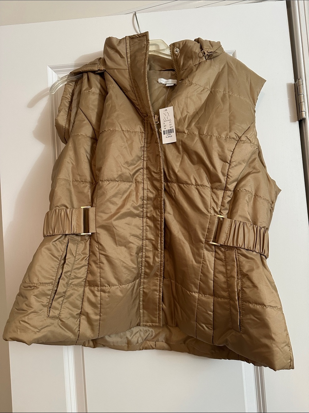 New York & Company Quilted Hooded Puffer Vest in Khaki Brown